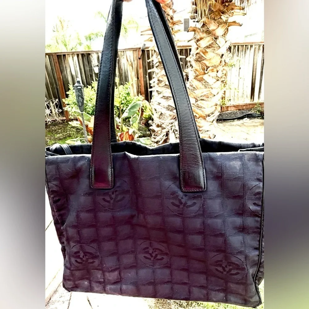 CHANEL Large Travel Line Tote MM Tote Bag Nylon Jacquard Leather